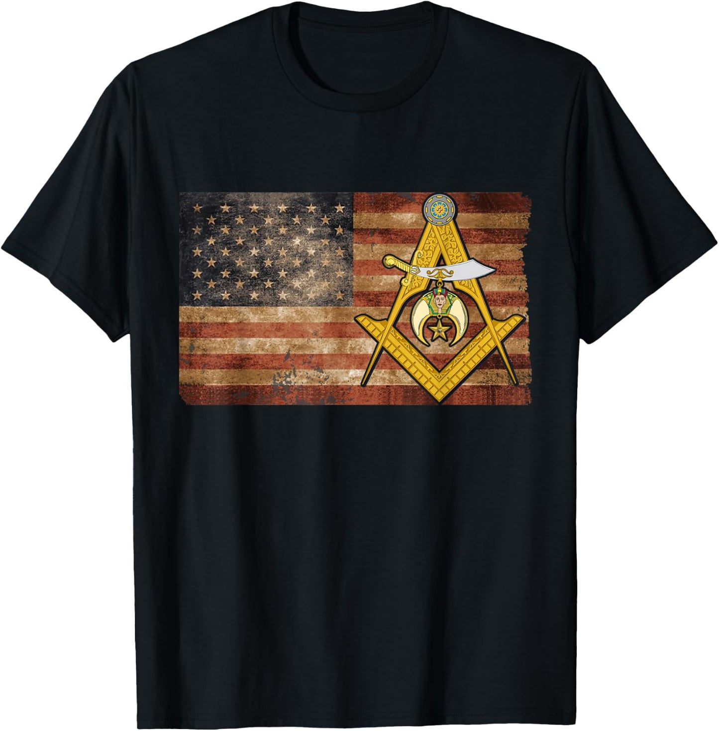 Shriners USA Flag Emblem Compass & Square Mason Father's Day T-Shirt - T-Shirt | Black