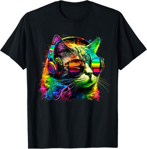 Rainbow DJ Cat with Sunglasses Headphones Music Funny Kitty T-Shirt - T-Shirt | Black