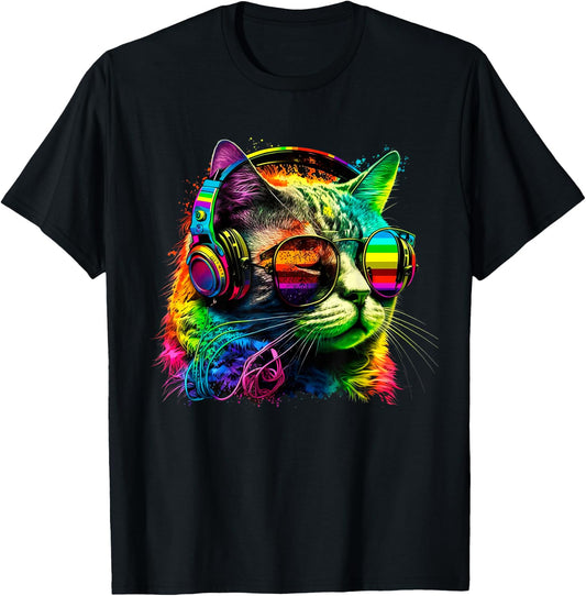 Rainbow DJ Cat with Sunglasses Headphones Music Funny Kitty T-Shirt - T-Shirt | Black
