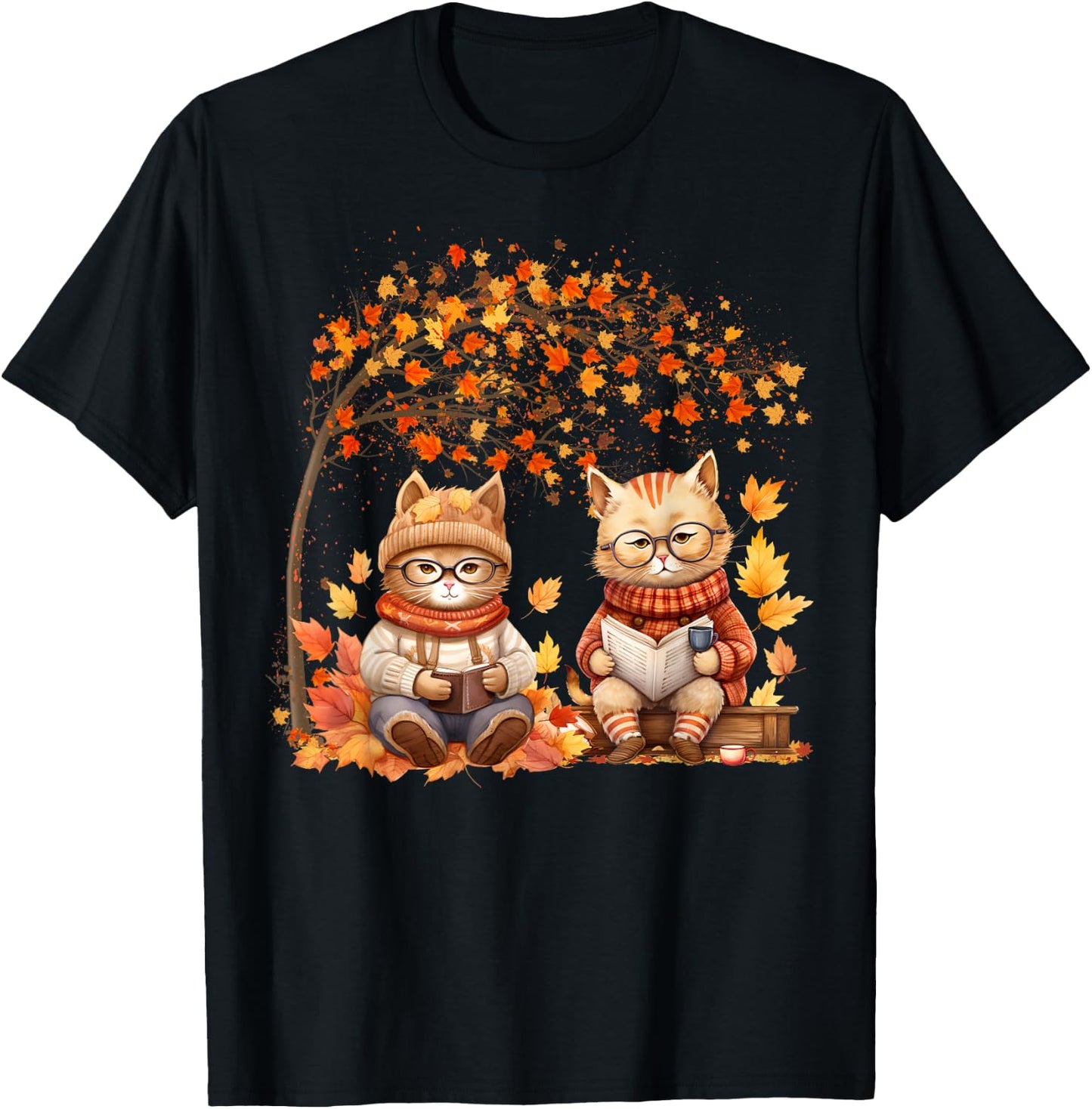 Cat Leaf Fall Hello Autumn Cat Kitten Lover Thanksgiving Men Women Kids T-Shirt - T-Shirt | Black
