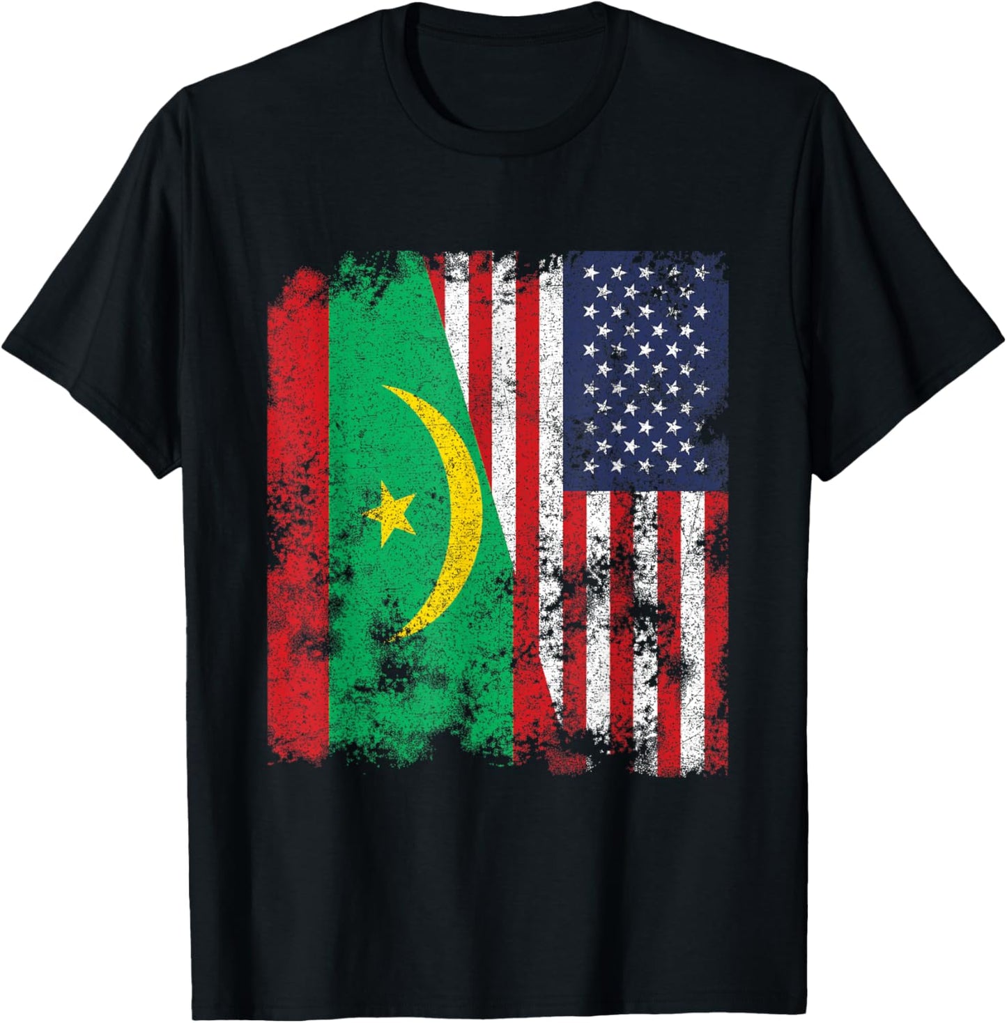 Mauritania USA Flag Distressed - Half American Women Kids Men T-Shirt - T-Shirt | Black