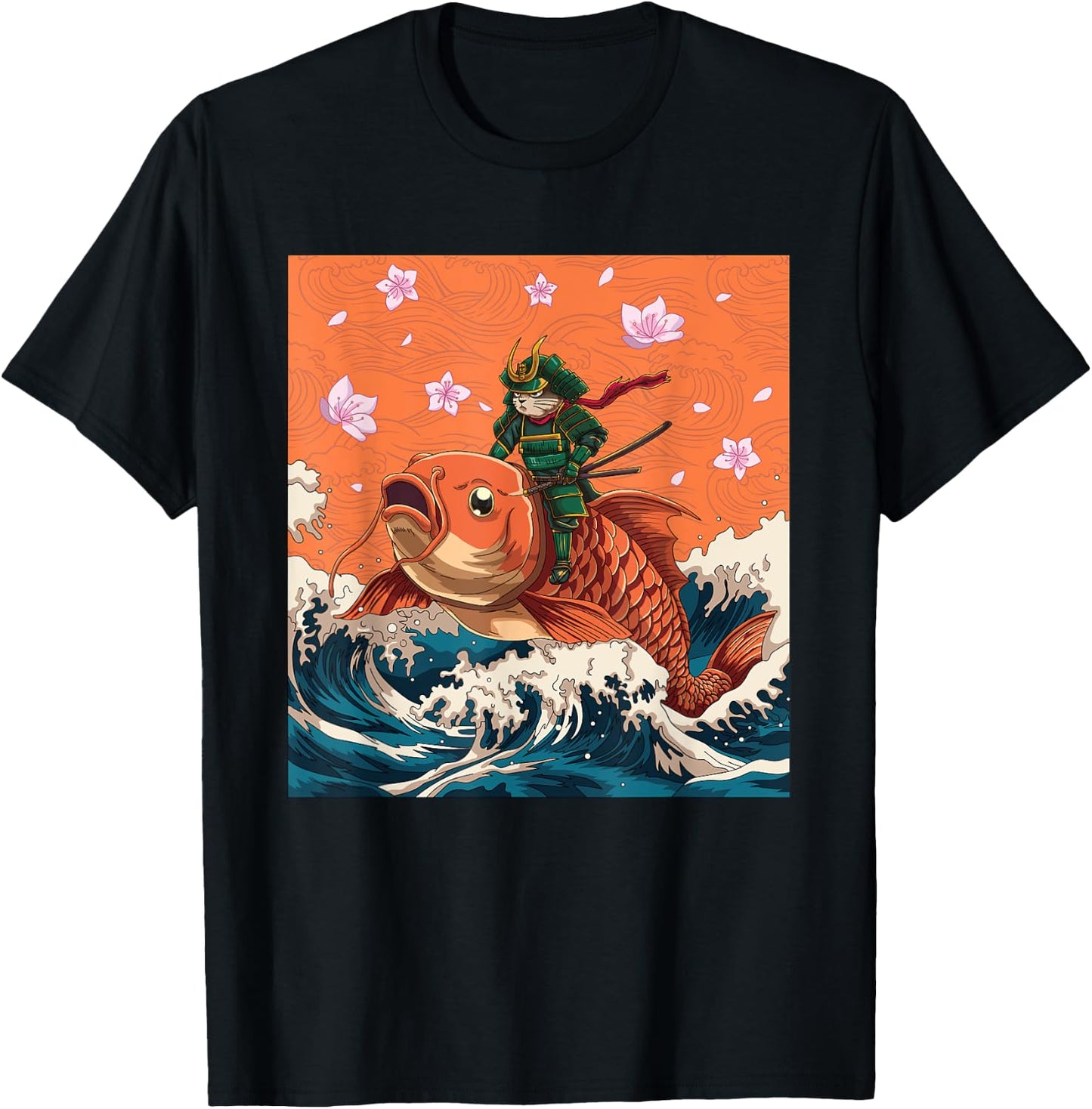 Vintage Japanese Samurai Neko Cat & Koi Fish | Ukiyo-e Style Men Women T-Shirt - T-Shirt | Black