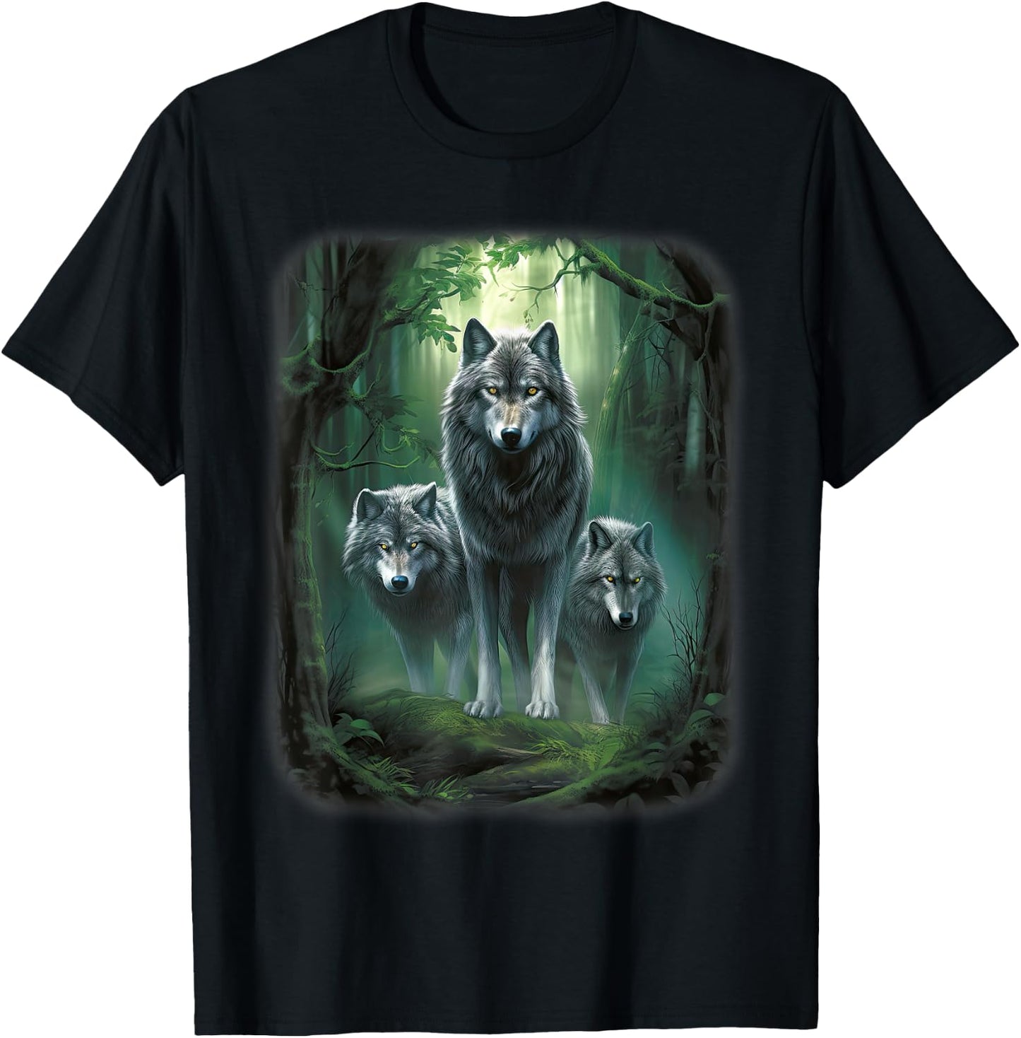 Wolf Wolves in Forest by Night Moon Fantasy Art Wildlife T-Shirt - T-Shirt | Black
