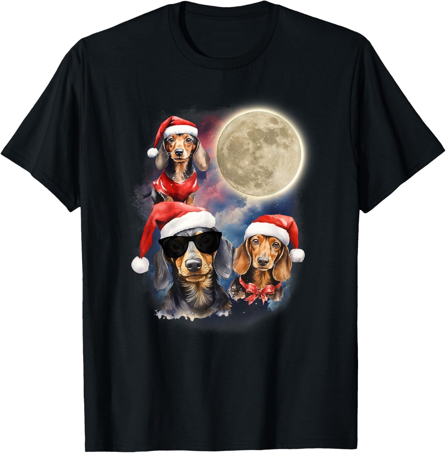 Dachshunds Howling At Moon Funny Festive Dachshund Christmas T-Shirt - T-Shirt | Black