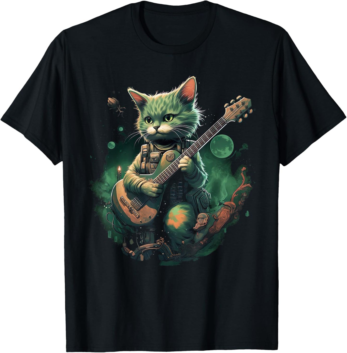 Rock Cat Playing Guitar Cat Funny Guitar Cat Kitty T-Shirt - T-Shirt | Black