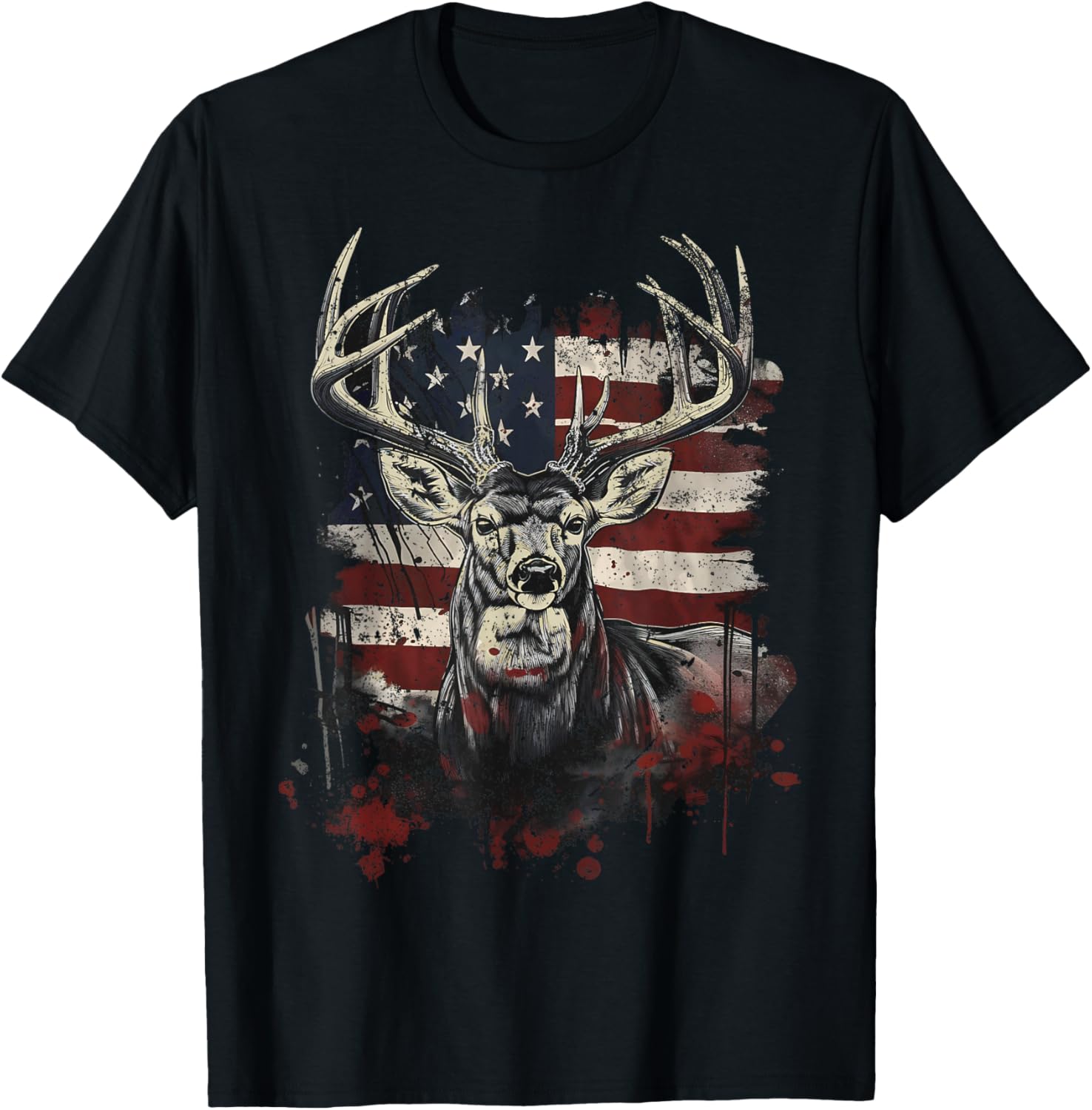 Buck White Tail Deer Hunting Hunter Distressed American Flag T-Shirt - T-Shirt | Black