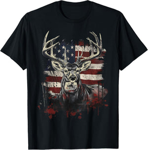 Buck White Tail Deer Hunting Hunter Distressed American Flag T-Shirt - T-Shirt | Black