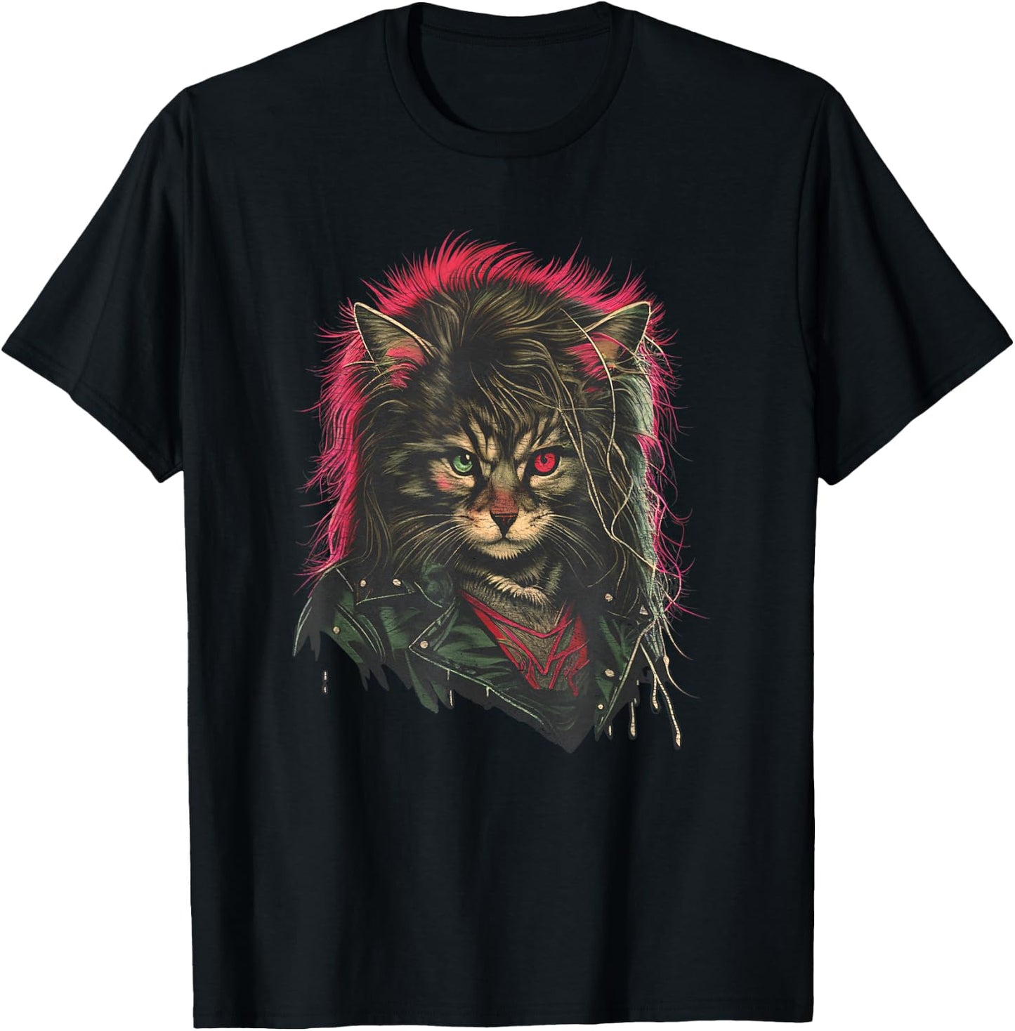 Heavy Metal Hair Glam Cat Retro Distressed 80s Men Women T-Shirt - T-Shirt | Black