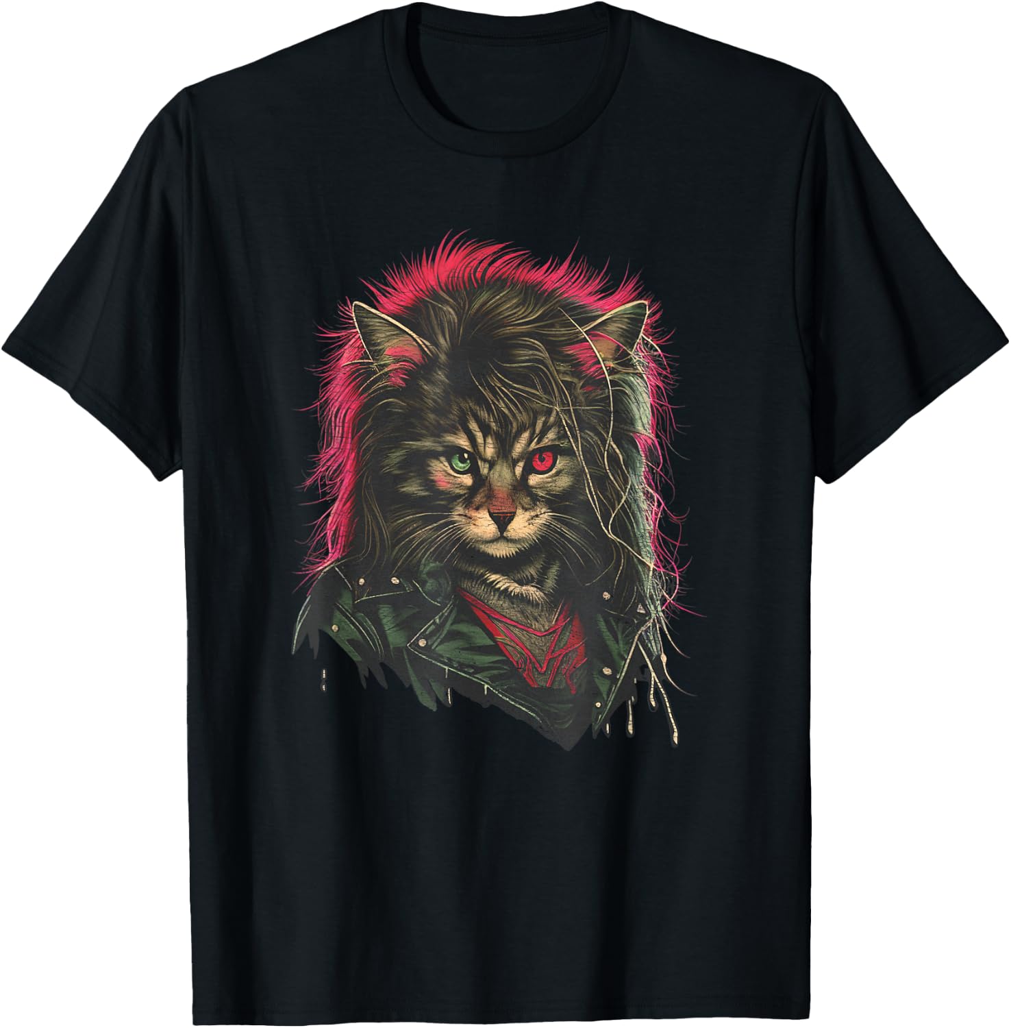 Heavy Metal Hair Glam Cat Retro Distressed 80s Men Women T-Shirt - T-Shirt | Black
