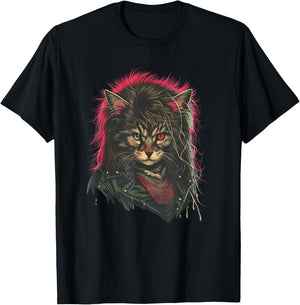 Heavy Metal Hair Glam Cat Retro Distressed 80s Men Women T-Shirt - T-Shirt | Black