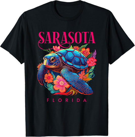Sarasota Florida Floral Beach Turtle Souvenir T-Shirt - T-Shirt | Black
