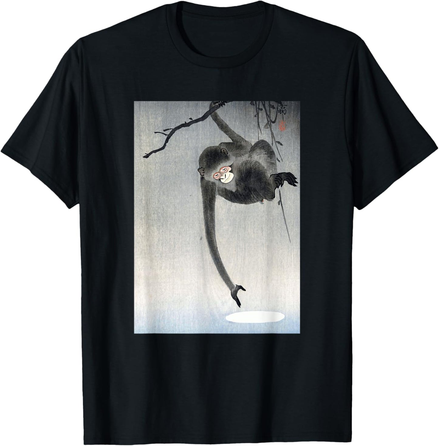 Monkey and Reflection of the Moon by Ohara Koson Shin-hanga T-Shirt - T-Shirt | Black