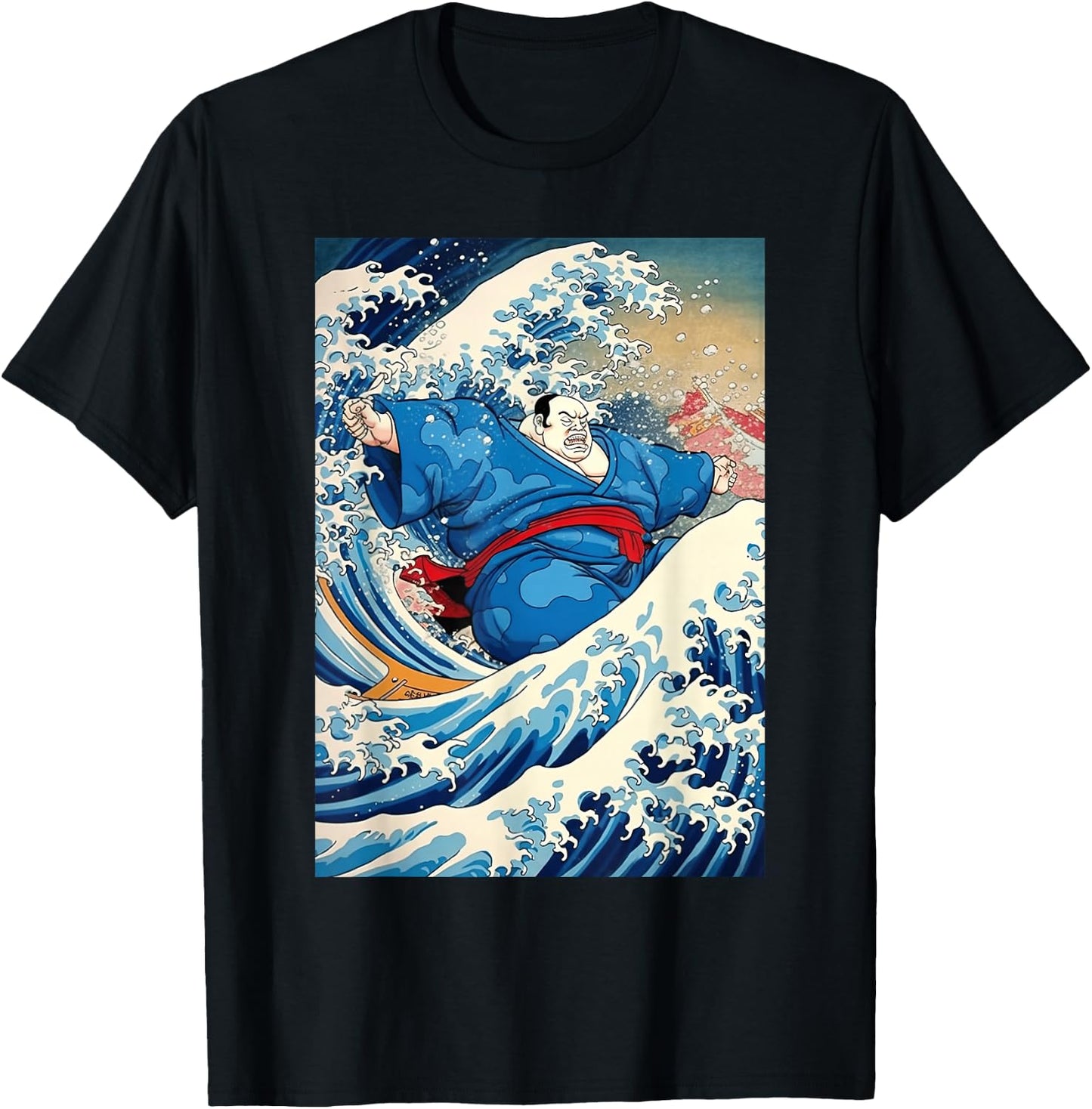 Funny Kanagawa Great Wave with Sumo Wrestler Surfing T-Shirt - T-Shirt | Black