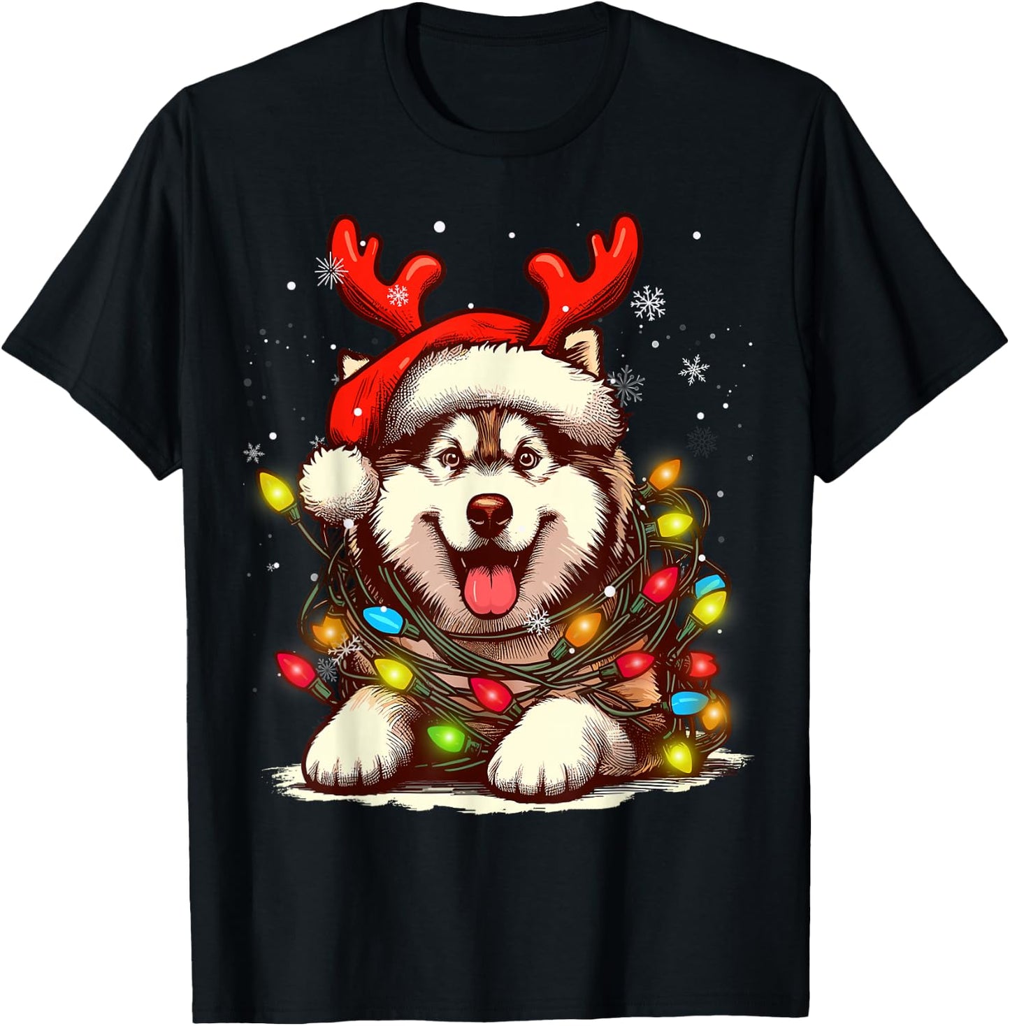 Siberian Husky Christmas Tree Lights Dog Santa Women Men Kid T-Shirt - T-Shirt | Black