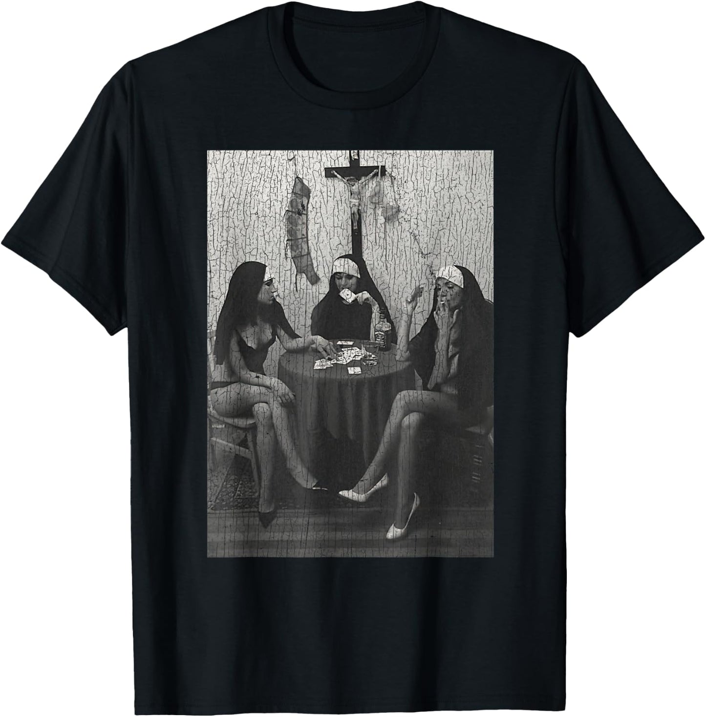 Vintage Nuns Naked Playing Card Smoking T-Shirt - T-Shirt | Black