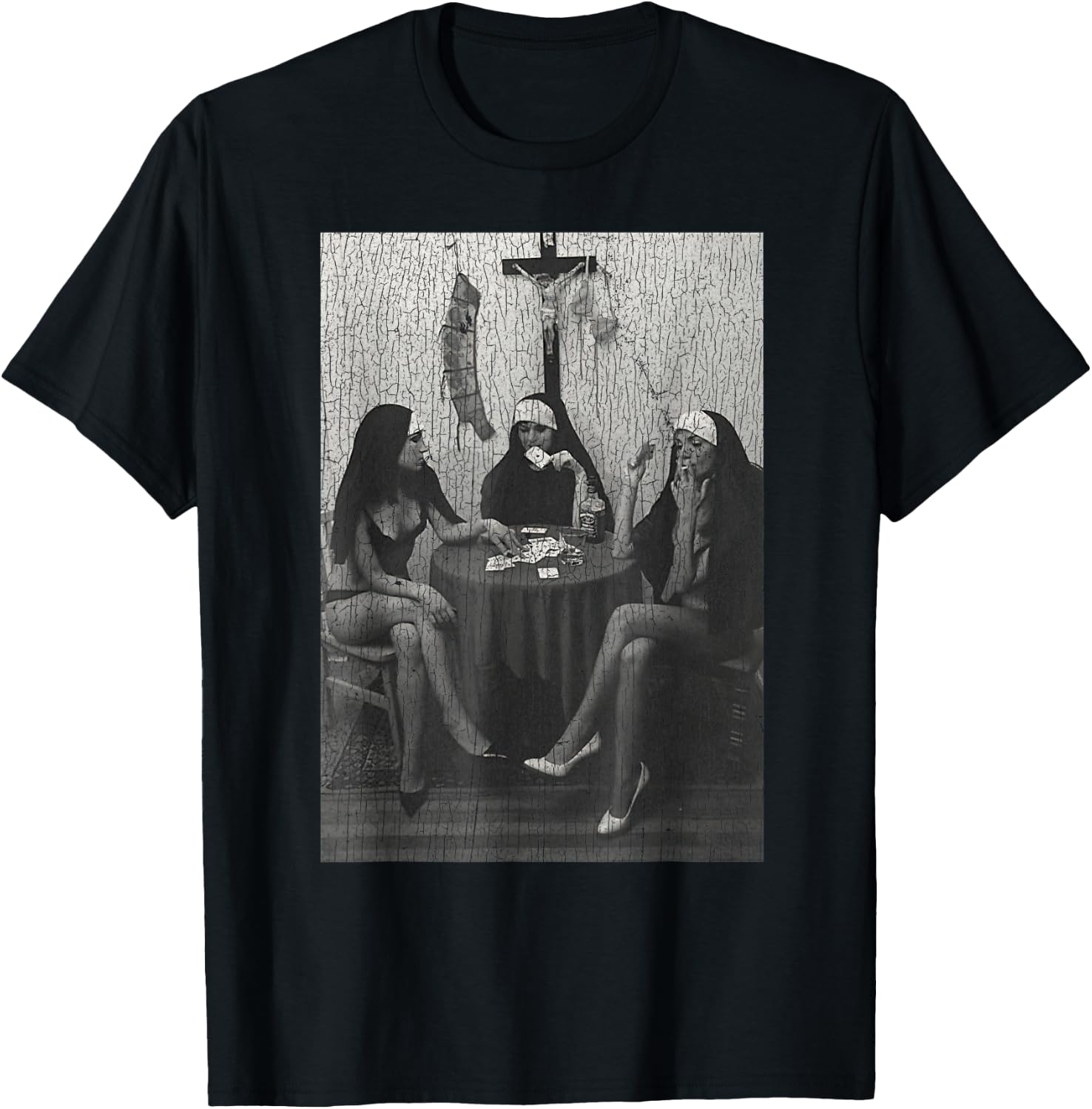 Vintage Nuns Naked Playing Card Smoking T-Shirt - T-Shirt | Black