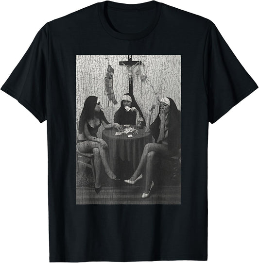 Vintage Nuns Naked Playing Card Smoking T-Shirt - T-Shirt | Black