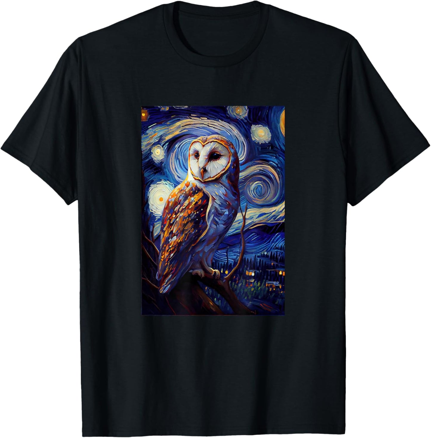 Starry Night Famous Painting Style Barn Owl T-Shirt - T-Shirt | Black