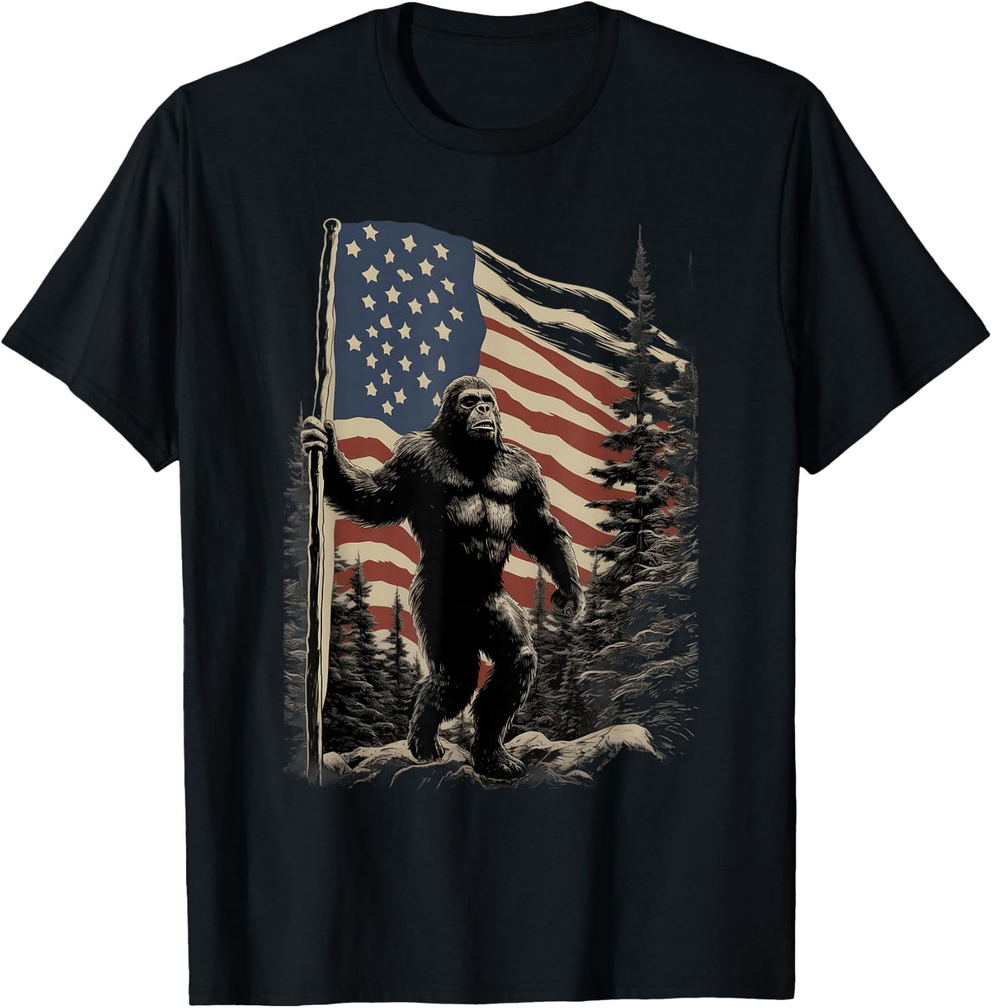American Flag Bigfoot Patriotic Wilderness Forest T-Shirt - T-Shirt | Black