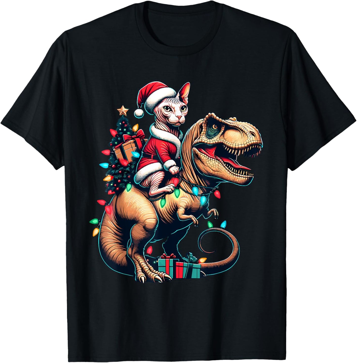 Funny Sphynx Cat Rides Santa T-Rex Vintage Christmas Sphynx Women Kids T-Shirt - T-Shirt | Black