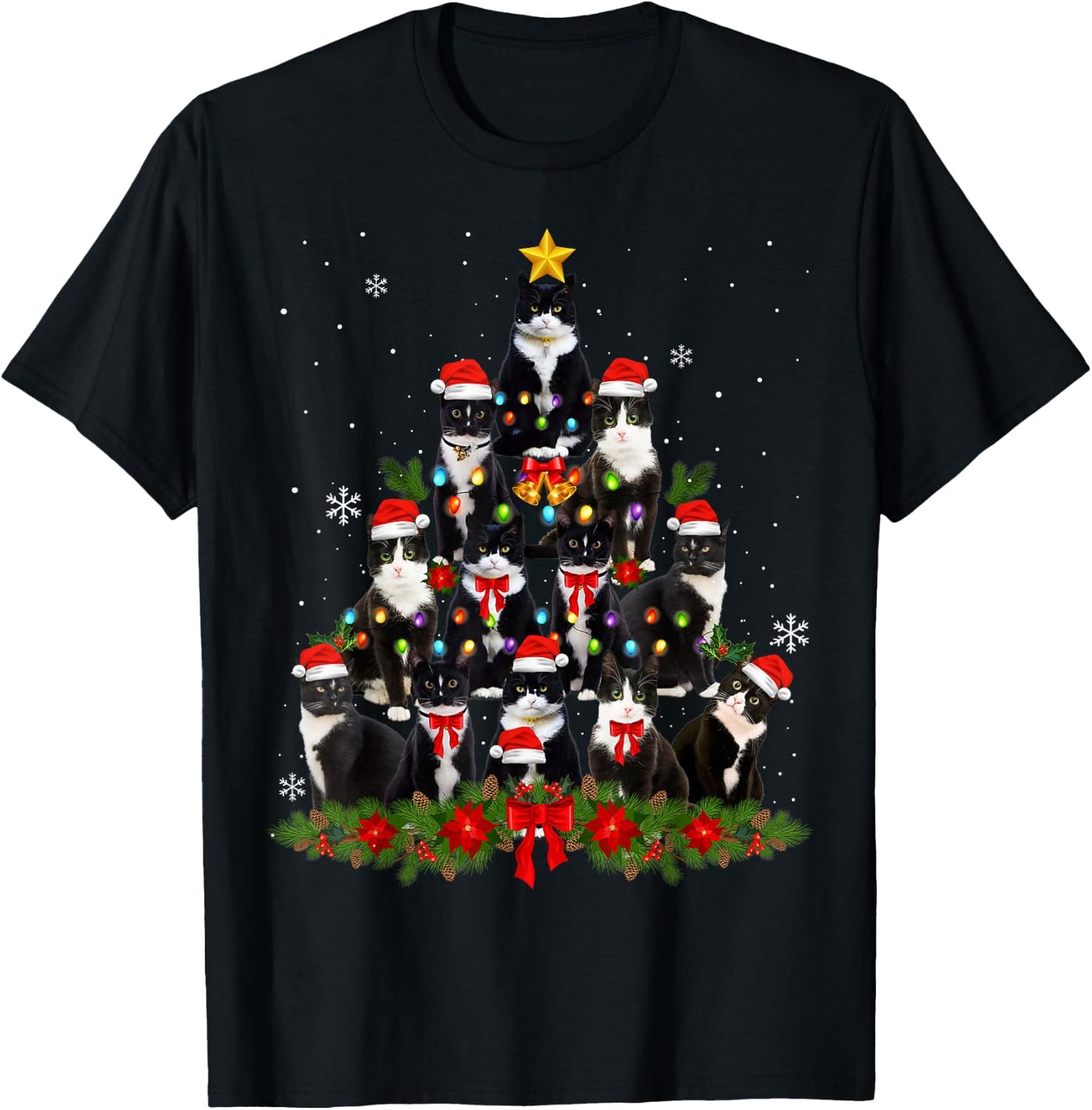 Tuxedo Cat Christmas Tree Tuxedo Cat Lights Xmas Matching T-Shirt - T-Shirt | Black