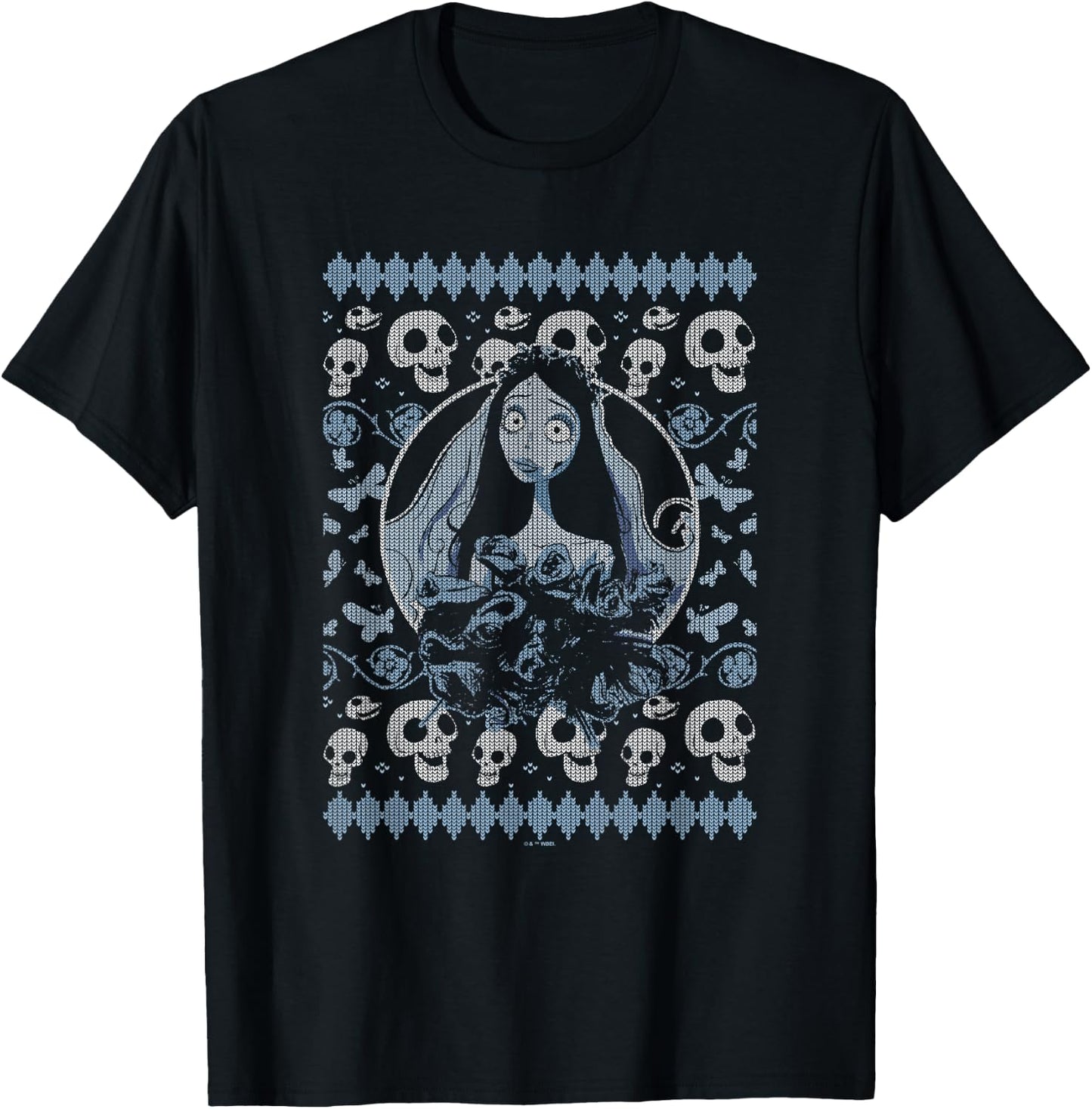 Corpse Bride Emily Skulls And Butterflies Pattern Portrait T-Shirt - T-Shirt | Black