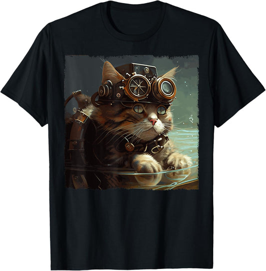 Funny Cat Swimming Steampunk for Kids, Women, Men T-Shirt - T-Shirt | Black