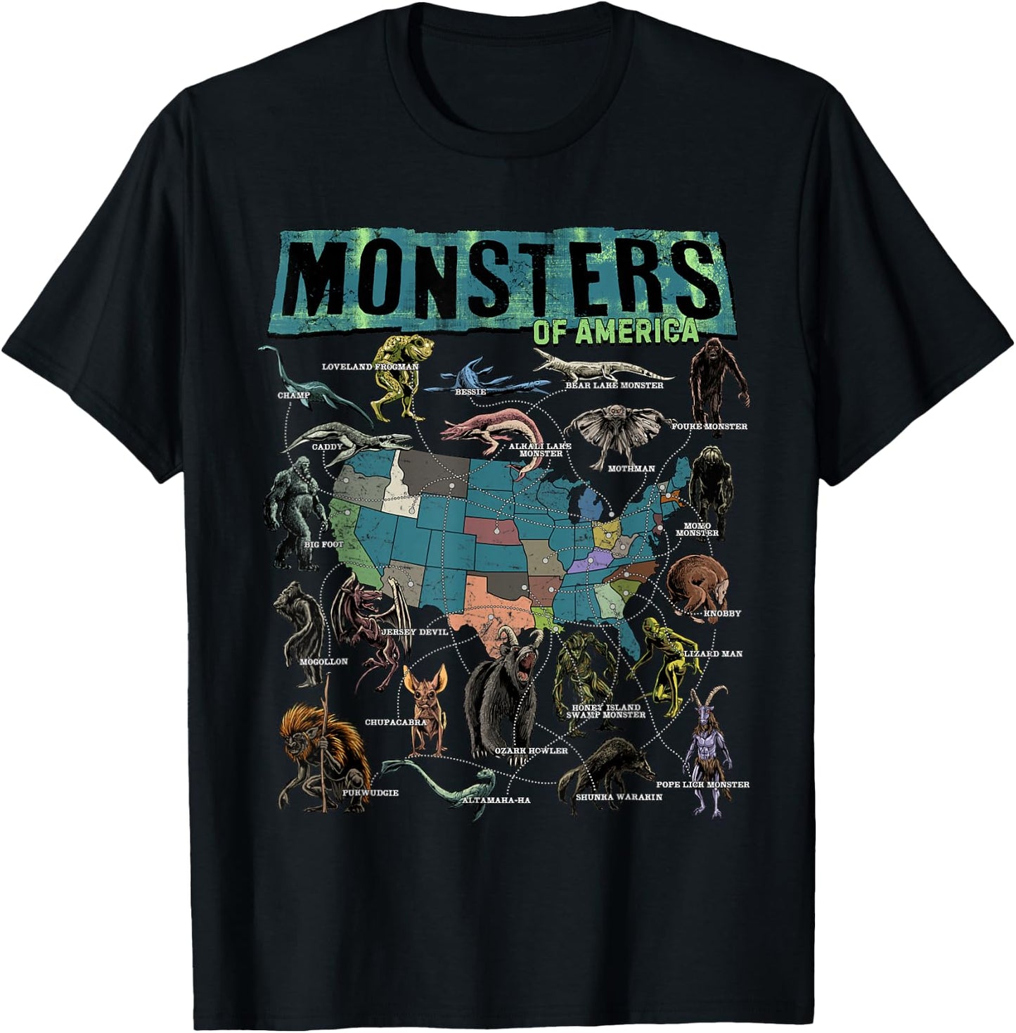 Cryptid Monsters of America Folklore Creature Cryptozoology T-Shirt - T-Shirt | Black
