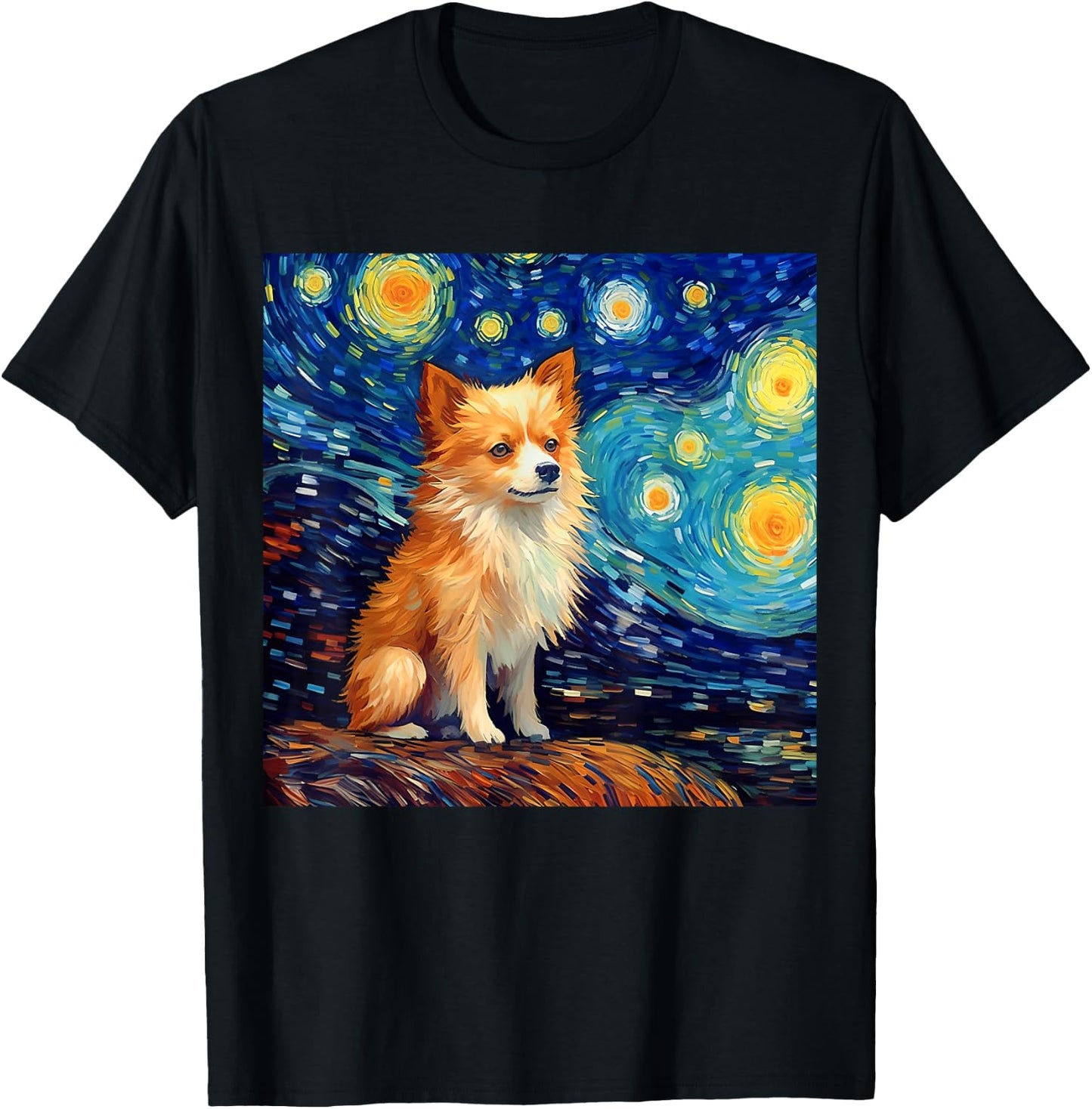 Surreal Starry Night Pomchi Dog T-Shirt - T-Shirt | Black