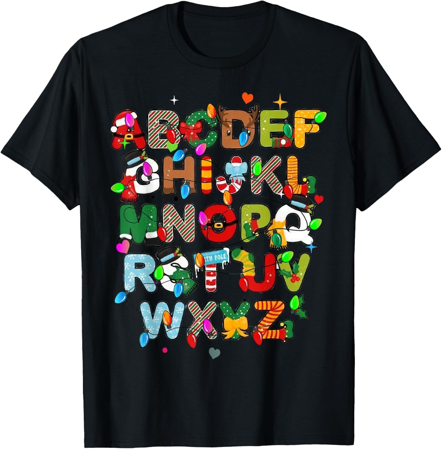ABCs Learning Kindergarten Teacher Christmas Lights Alphabet Women Kids T-Shirt - T-Shirt | Black