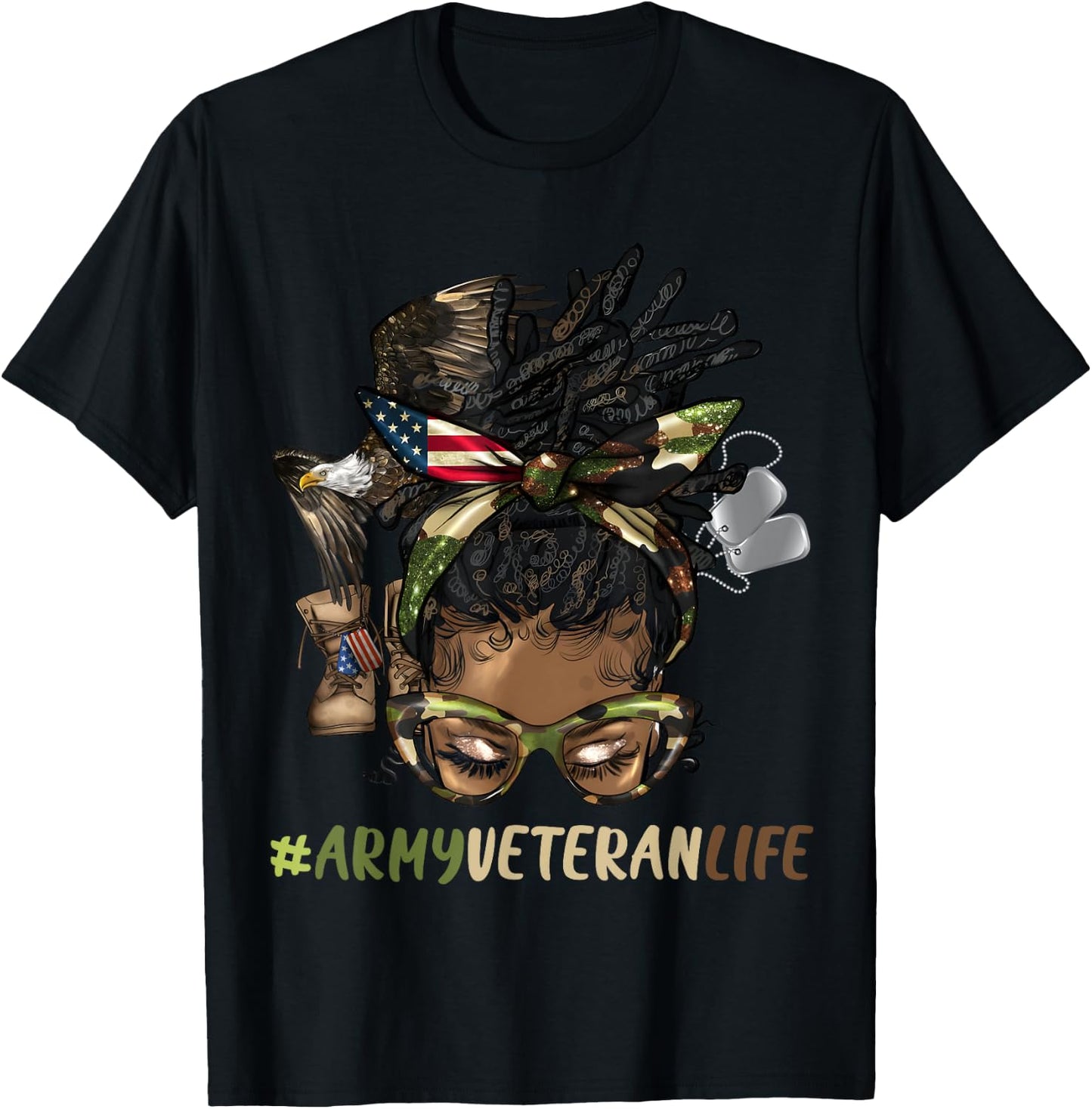 African Afro Messy Bun Loc Army Veteran Soldier Mother Wife T-Shirt - T-Shirt | Black