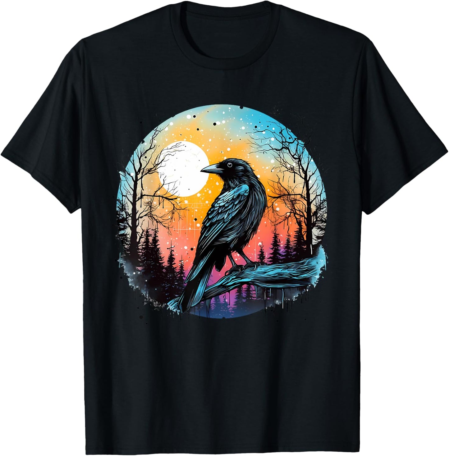 Vintage Raven Crow Forest Bird Graphic Art Design Print T-Shirt - T-Shirt | Black