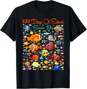 100 Days Of School Swam By Ocean Fishes 100 Days Smarter Kid T-Shirt - T-Shirt | Black