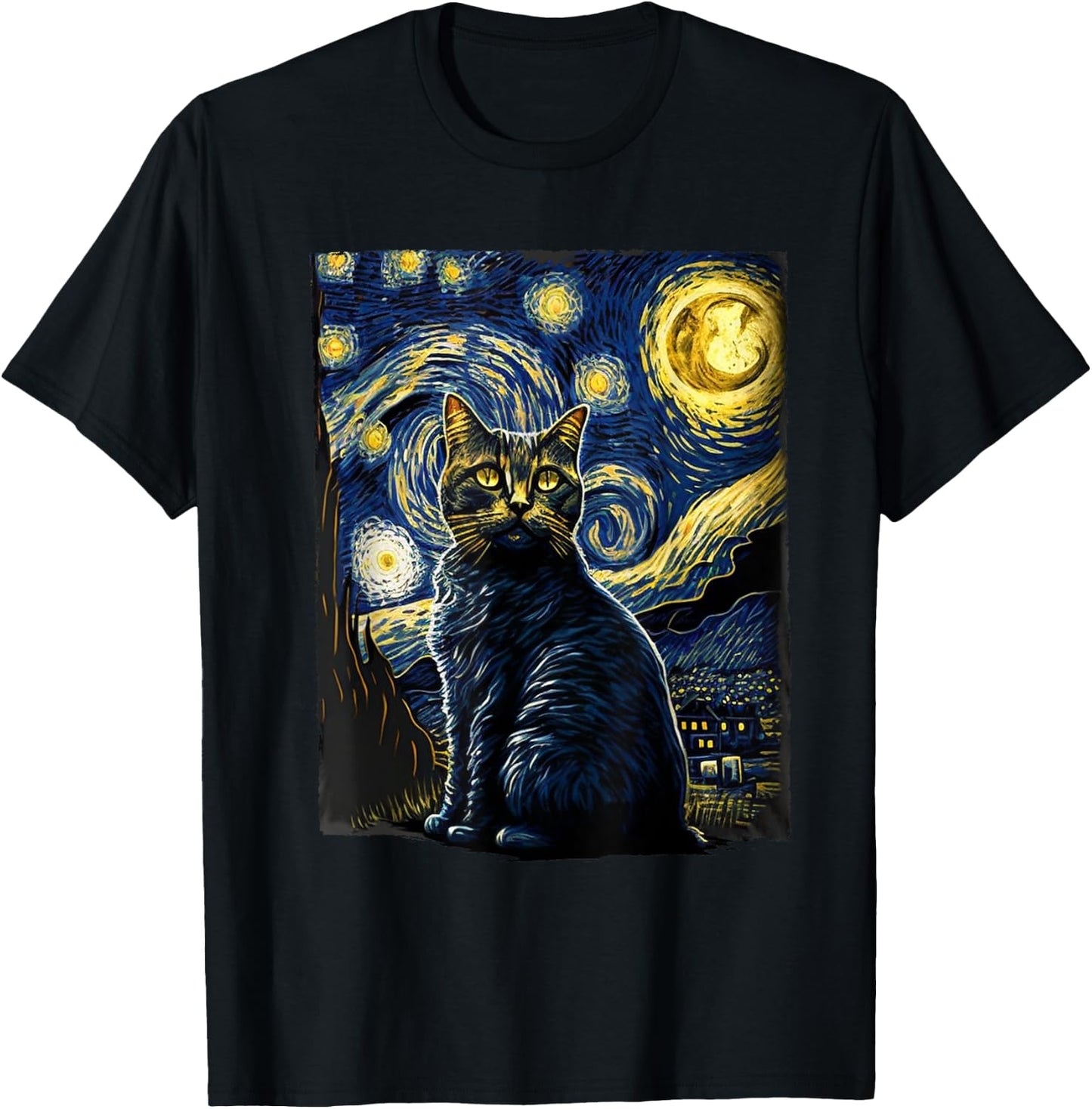 Starry Night Cat Van Gogh Cat Lover Gifts Cat Mom, Cat Dad T-Shirt - T-Shirt | Black