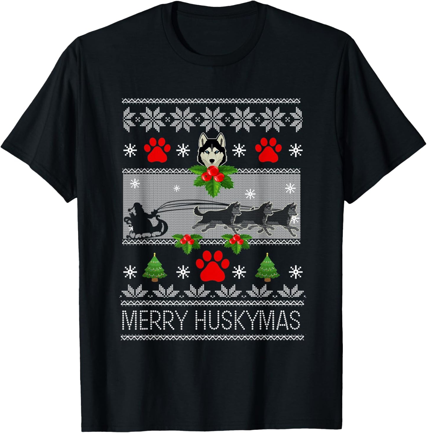 Christmas Siberian Husky Dog Husky Ugly Merry Huskymas T-Shirt - T-Shirt | Black