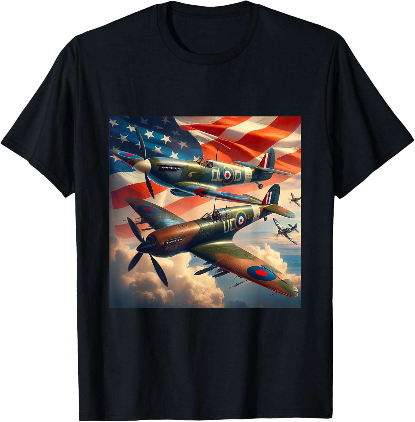 Spitfire F4U Corsair WW2 Airplanes US Flag T-Shirt - T-Shirt | Black