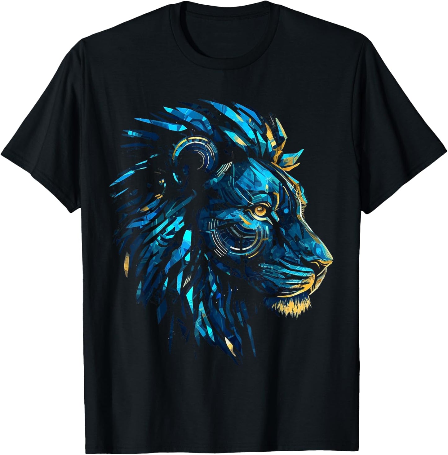 Blue Lion Robot Polygon Fantasy Animal Art Lion T-Shirt - T-Shirt | Black