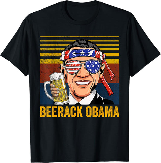 Beerack Obama Drinking Beer Funny 4th of July Women Men T-Shirt - T-Shirt | Black