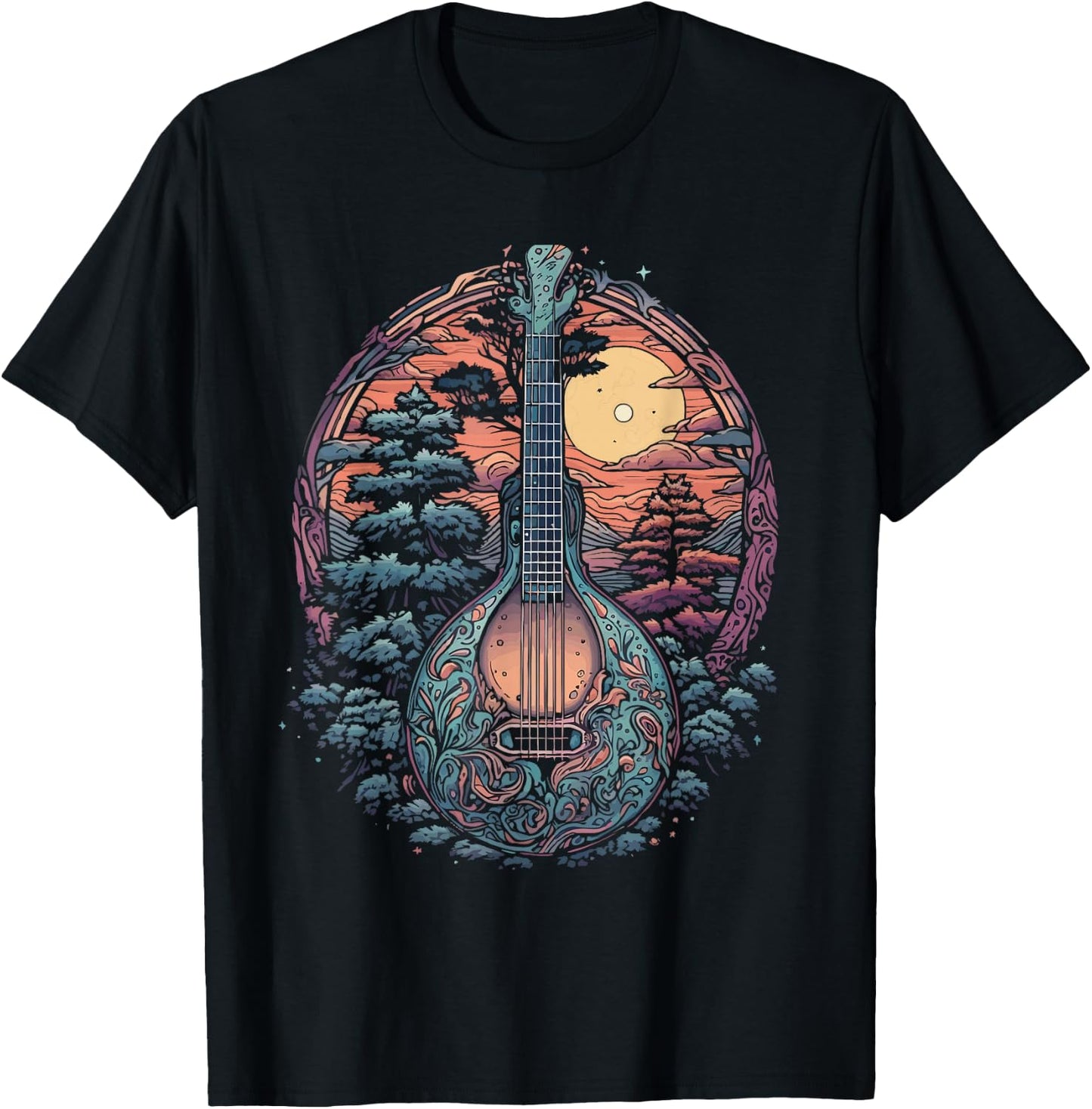 Retro Mandolin Guitar Nature Bluegrass Music Band Mando Art T-Shirt - T-Shirt | Black