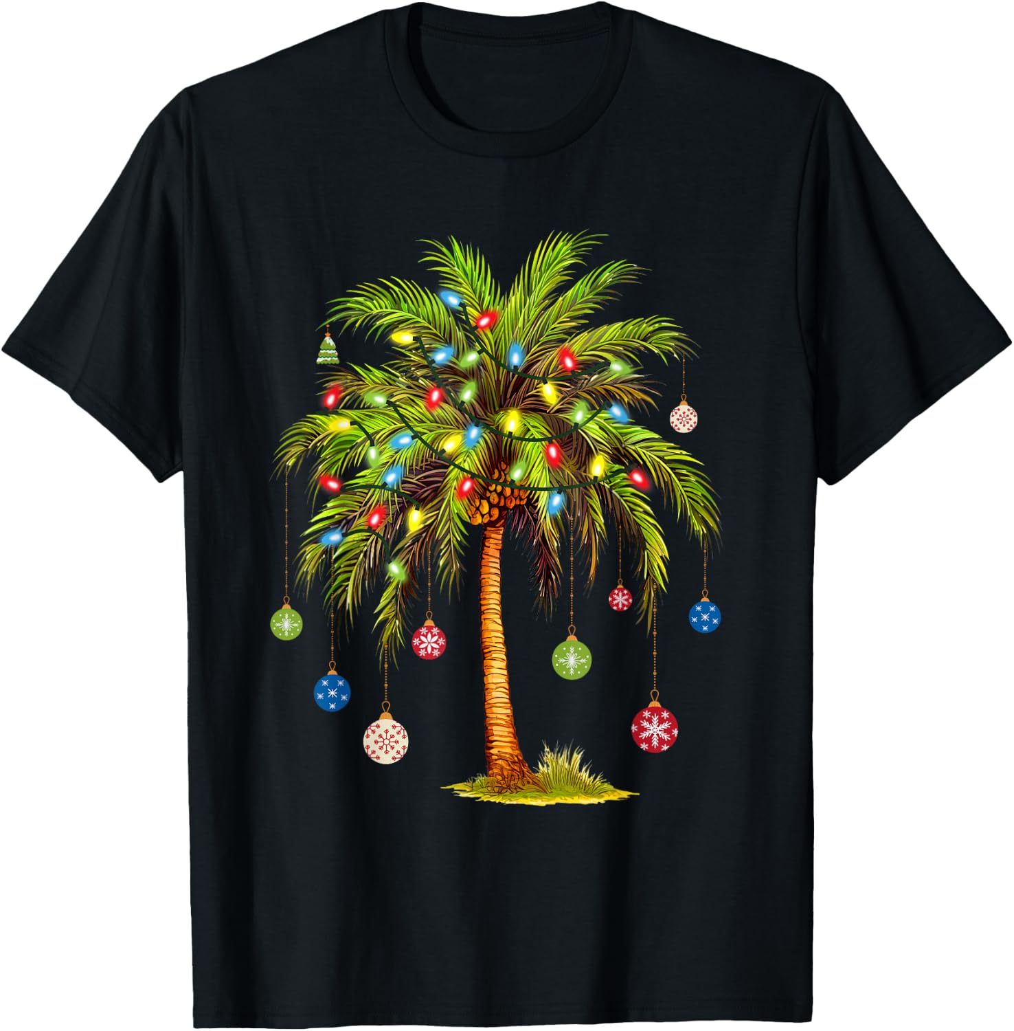 Christmas Palm Tree Light Hawaiian Tropical Xmas T-Shirt - T-Shirt | Black
