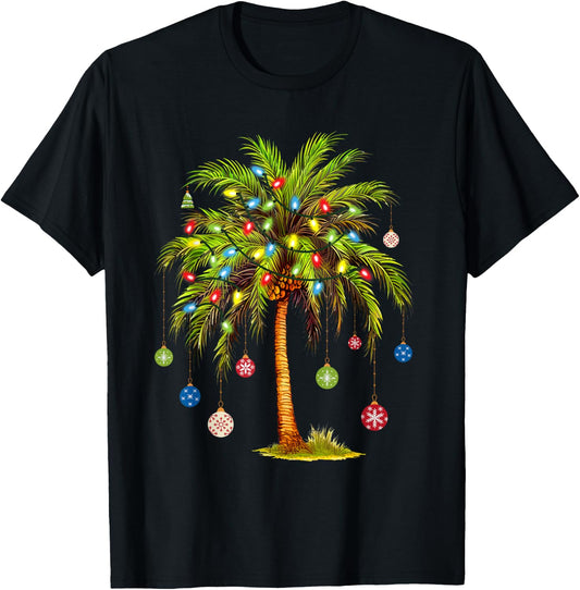 Christmas Palm Tree Light Hawaiian Tropical Xmas T-Shirt - T-Shirt | Black