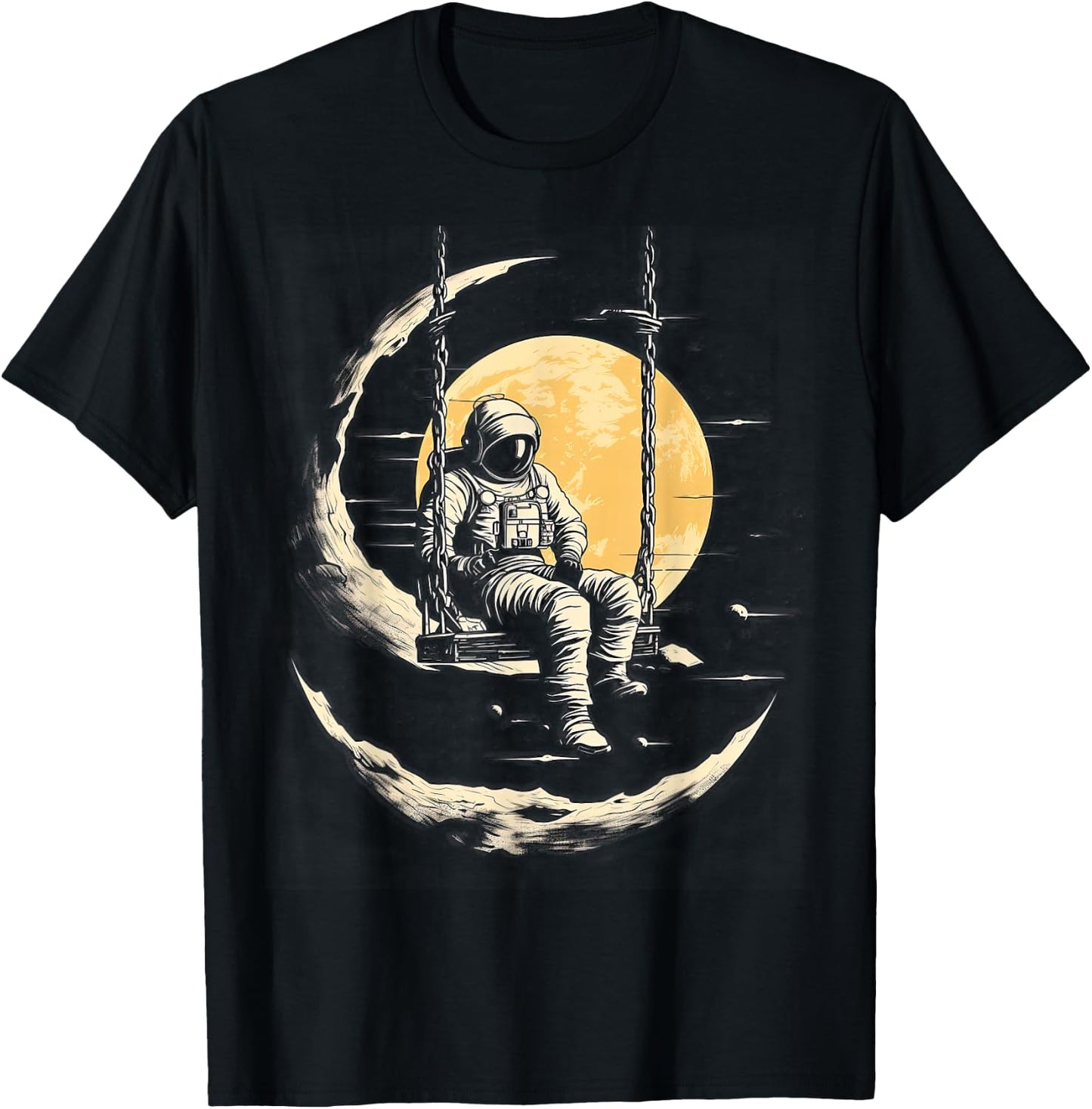Astronaut Sitting on Swing in Space Stars and Moon T-Shirt - T-Shirt | Black