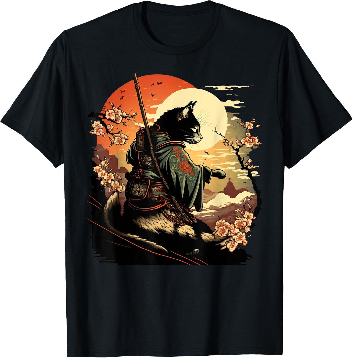 Japanese Art Cat Ninja Ukiyo-e Anime Style Samurai Cat T-Shirt - T-Shirt | Black