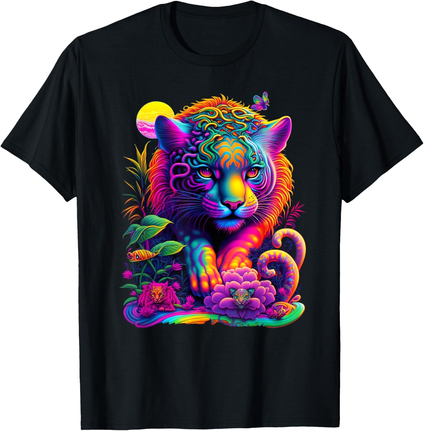 Colorful Rainbow Wild Cat Graphic T-Shirt - T-Shirt | Black