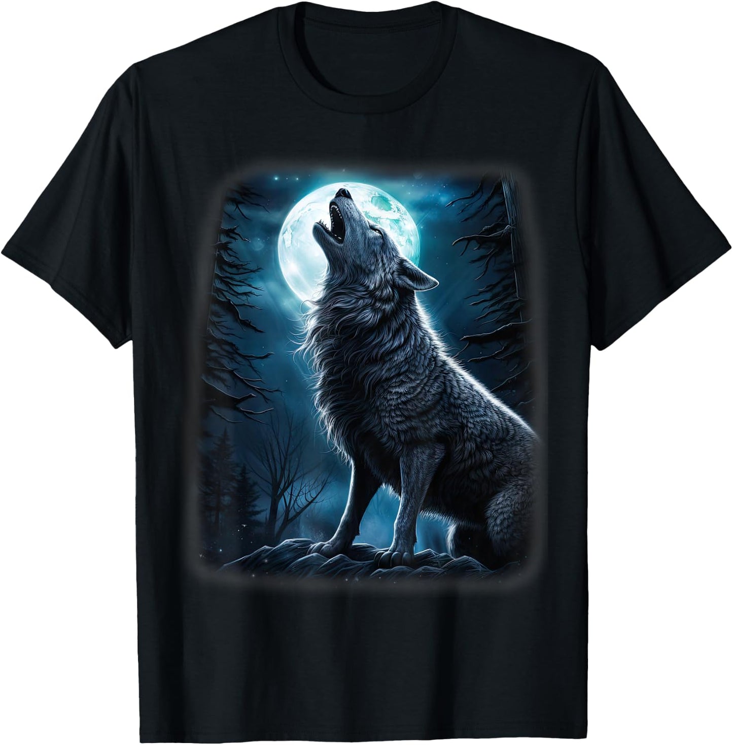 Wolf howling at the Moon Fantasy Art Wildlife T-Shirt - T-Shirt | Black