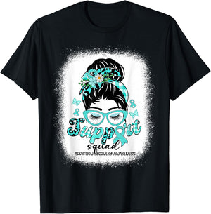 Support Squad Messy Bun Women Addiction Recovery Awareness T-Shirt - T-Shirt | Black