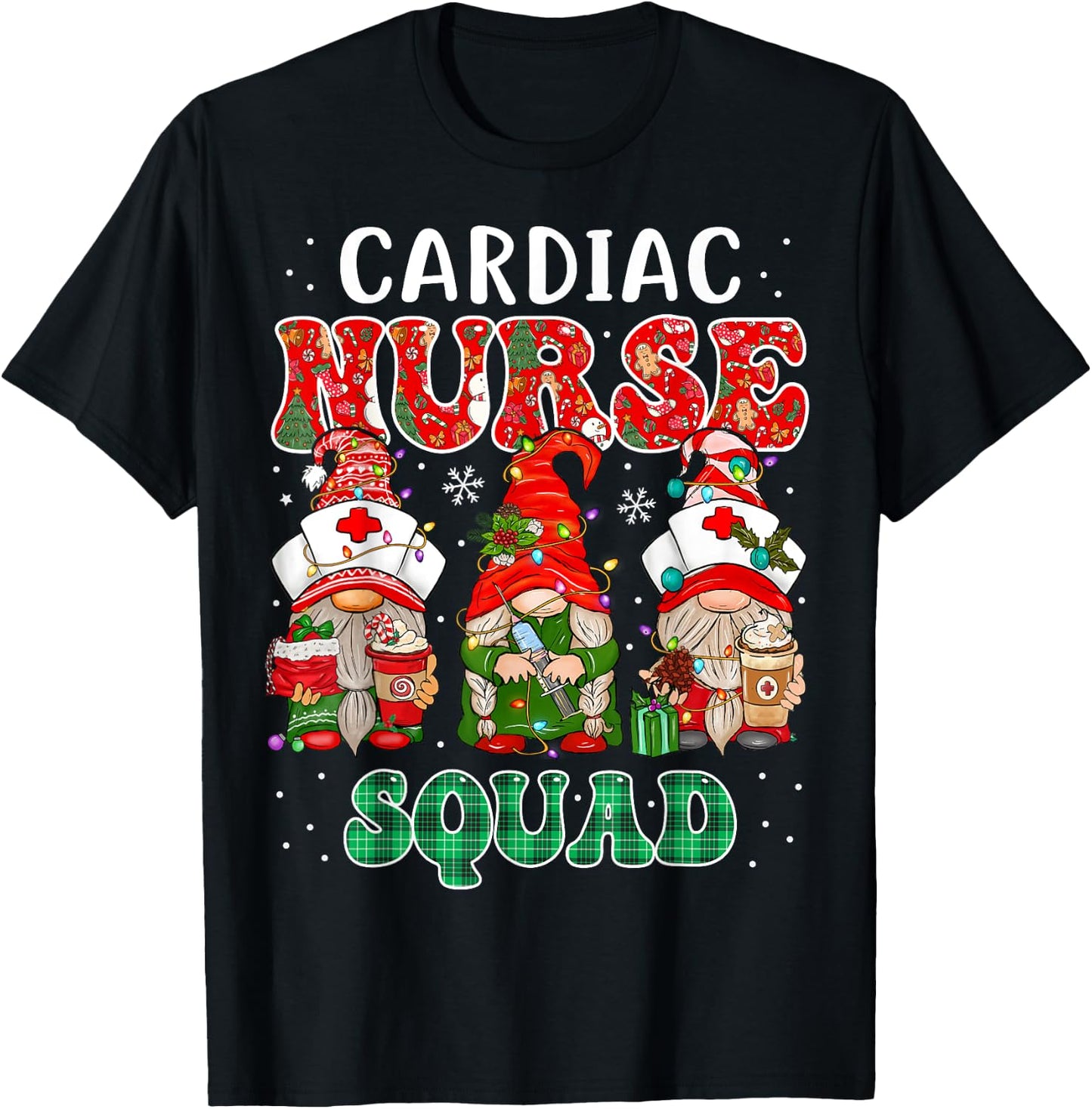 Cardiac Nurse Cute Christmas Gnomes Costume Cardiology Nurse T-Shirt - T-Shirt | Black