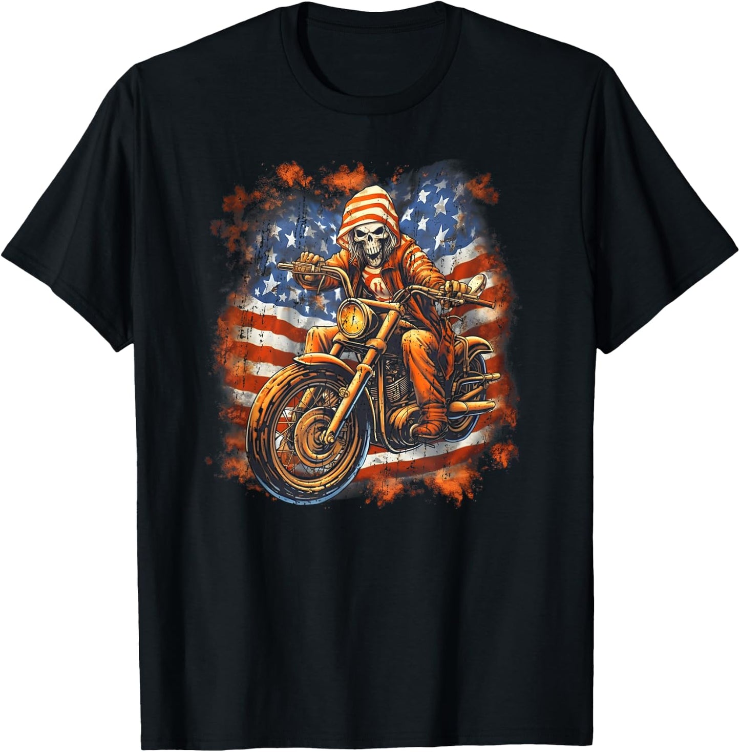 US Flag Motorcycle Skeleton Biker 4th July American T-Shirt - T-Shirt | Black
