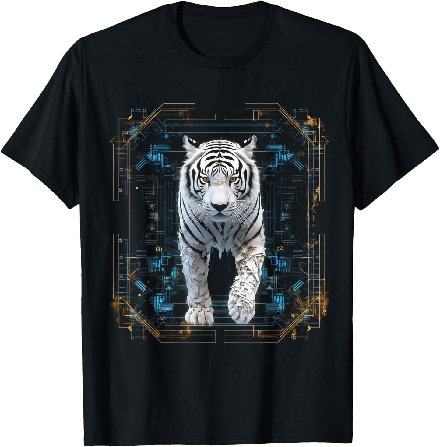 Tiger Geometric Artwork | White Animal Motif Tiger T-Shirt - T-Shirt | Black