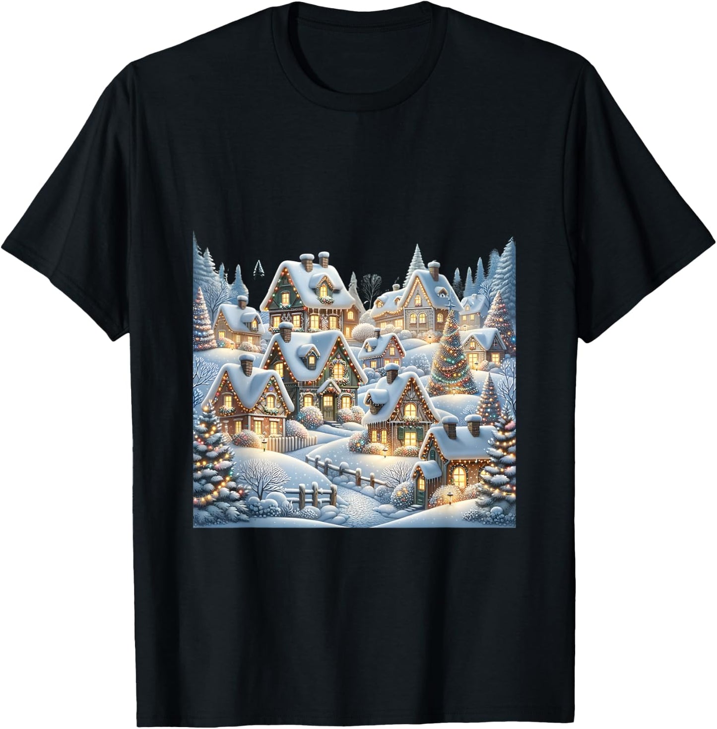 Winter Village Snow Covered Cottages Christmas Lights Scene T-Shirt - T-Shirt | Black